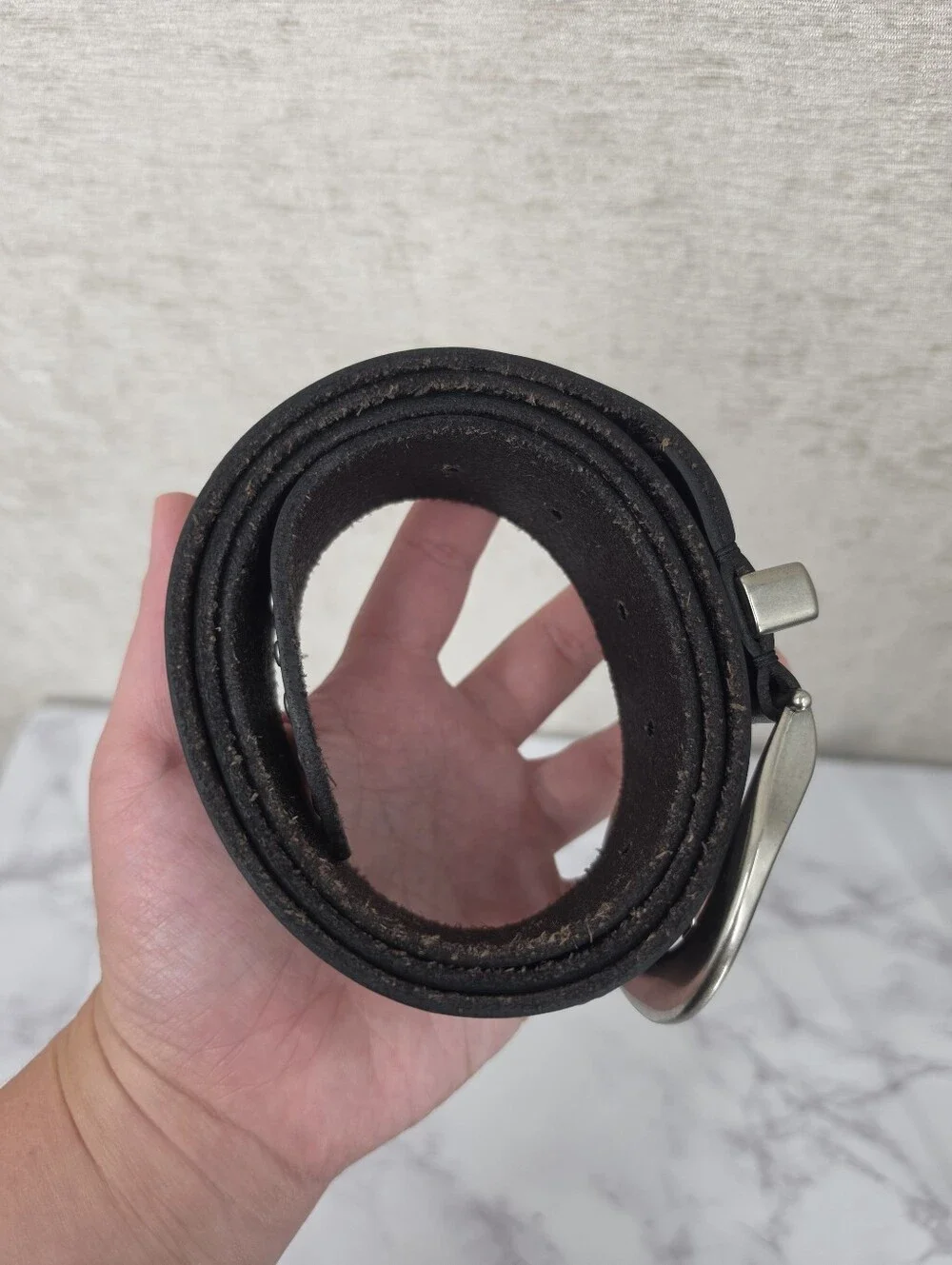 All Saints Black Leather Belt with Silver Tone Buckle and Studs